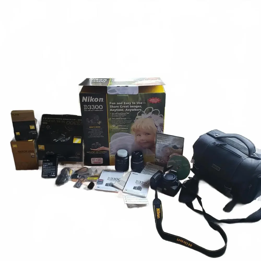Nikon D3300 DSLR Mega Pixel Camera 18-55 mm, 55-200 mm, w/ accessories with box